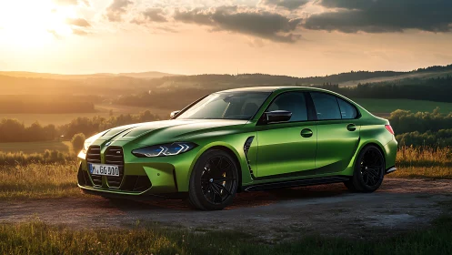 Sunlit performance sedan in metallic green rural deployment.