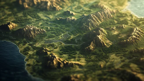 Isometric fantasy topographic map with coastal mountain chains.