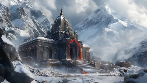Mountain temple structure stands in a snow-covered landscape