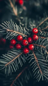 Red berries cluster rests on dark green evergreen needles