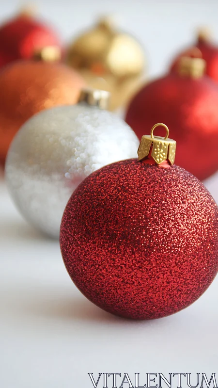 Glittering Christmas baubles gleam in soft festive light