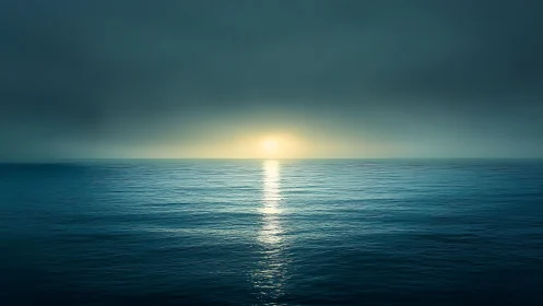 Calm ocean horizon with distant sun over teal water.