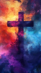 Silhouette cross on textured multicolor abstract background.