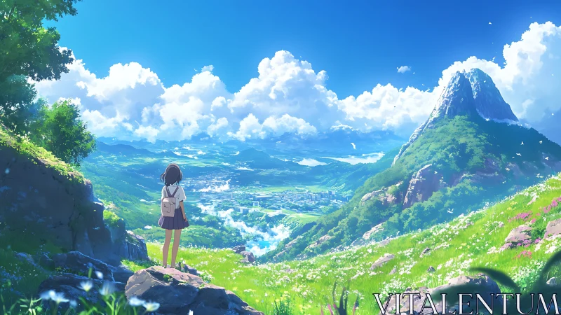 Skirted wanderer weighs city dreams beneath cloud-bright peaks