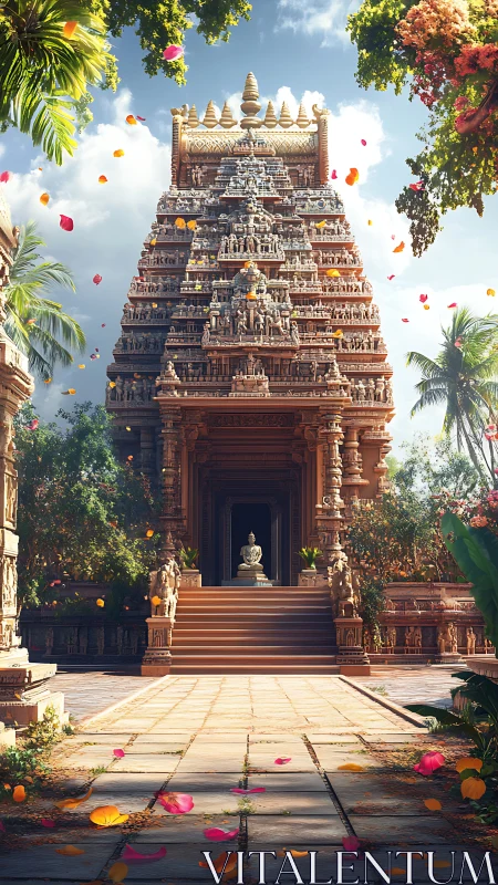 Sunlit Hindu temple tower with ornate stone carvings.