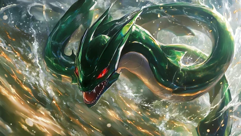 Emerald sea serpent lunges through luminous storm spray.