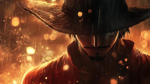 Cinematic anime gunslinger under rain-lit bokeh ember storm.