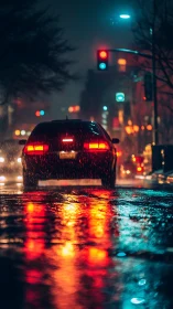 Rainy city streetlights reflected in the glow of a lone car.