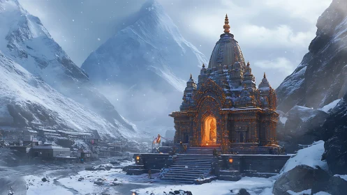 Illuminated Himalayan mandir under glacial alpine snowfall.