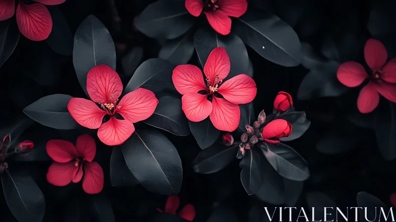 Vibrant Red Flowers Against Deep Black Foliage.