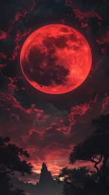 Crimson moon hangs over shadowed peaks and glowing clouds