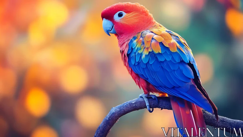 Vibrant Parrot on Branch with Colorful Bokeh Background, Artistic Style.