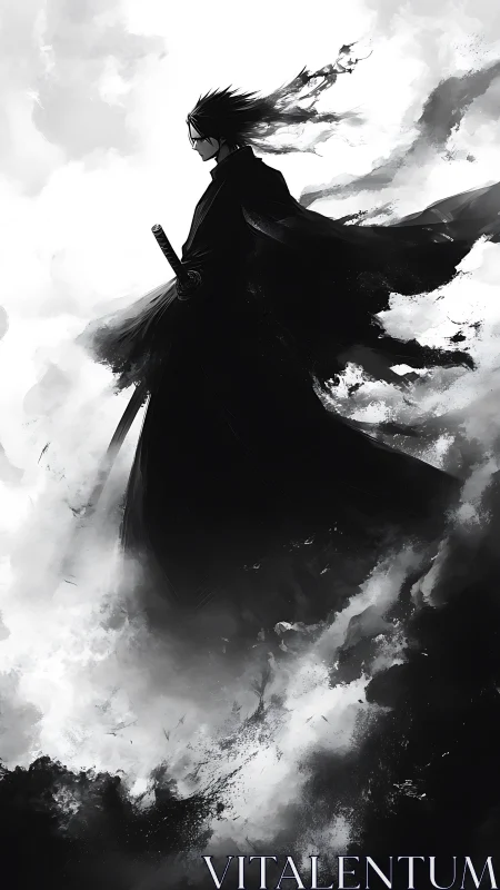 Monochrome swordsman silhouette dissolves into stormlike ink clouds