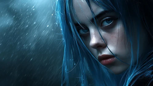 Moody close-up portrait of blue-haired girl in directional rain