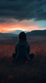 Solitary figure sits in field observing distant sunset sky