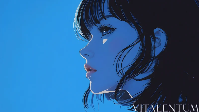Side profile of contemplative anime girl on blue background.