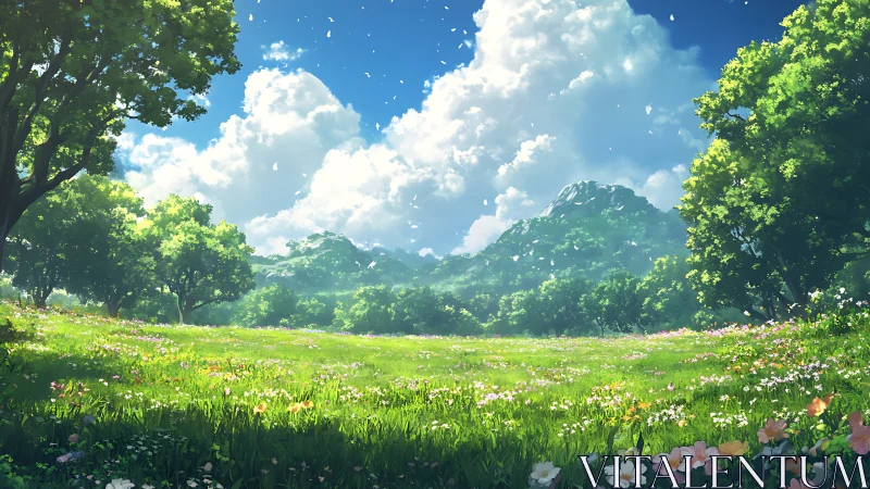 Sunlit meadow daydream beneath drifting summer clouds.