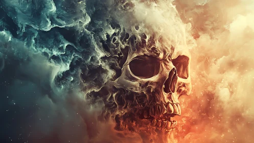 Nebular skull apparition merges cosmic clouds and chromatic fire