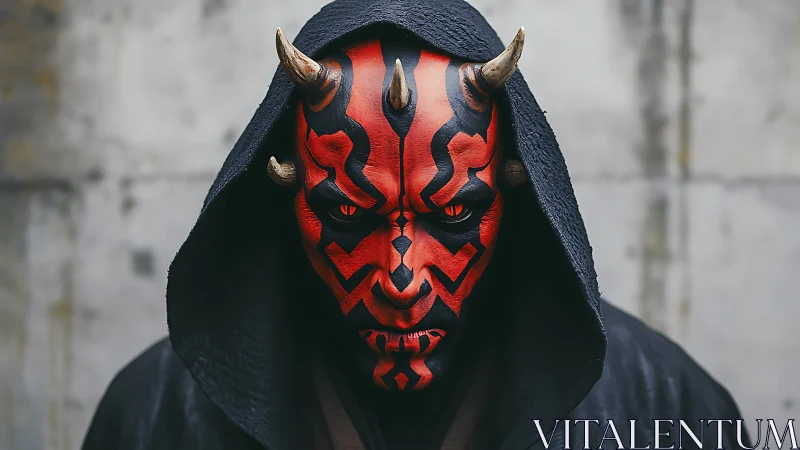 Horned shadow gazes forward through crimson warpaint glare