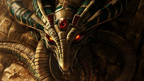 Serpentine pharaonic construct with luminescent ocular cores.