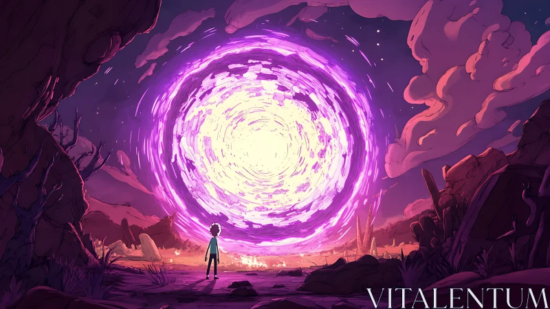 Vibrant magenta vortex portal illuminates stylized alien canyon