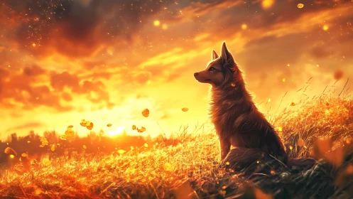 Sunlit canine in glowing meadow at cinematic sunset.