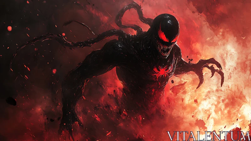 Dark alien creature emerging in red fiery chaos background.