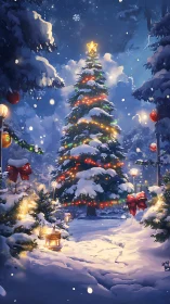 Snow covered outdoor Christmas tree with lights at night.