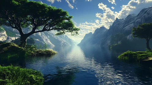 Mountain lake valley with reflective water at sunrise.