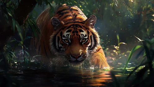 Twilight jungle tiger prowls through shimmering river hush.