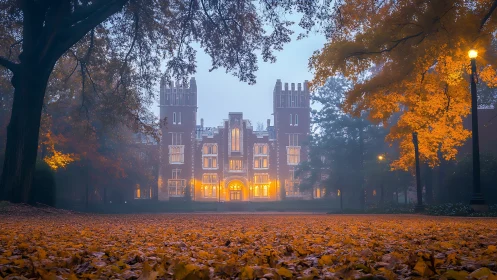 Gothic campus facade glows through mist amid autumn foliage