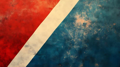 Abstract red, white, and blue diagonal textured painting.