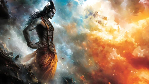 Divine warrior silhouette in storm-split celestial clouds.