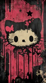 Distressed stencil cat graphic with dripping pink acrylic layers