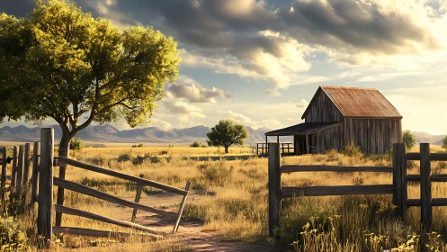 Rural wooden barn with open gate in dry grassland field.