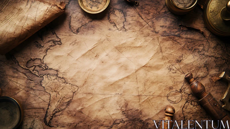 Weathered nautical world map with vintage explorer tools.