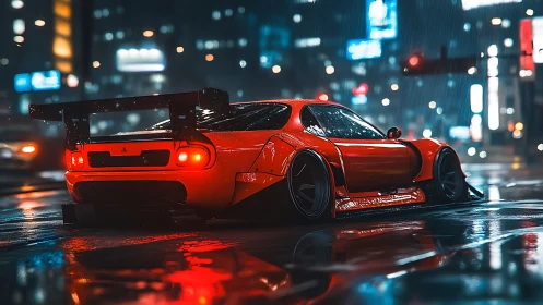 Turbo-red street beast glows against a neon rainstorm night.