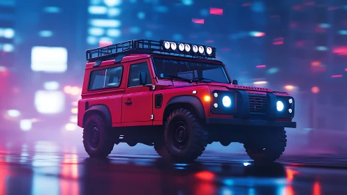 Red off-road SUV in neon lit futuristic city street scene.