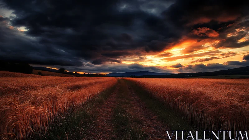 Storm-lit wheat field under dramatic sunset sky.