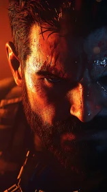 Smoldering warrior narrows his gaze through molten shadows