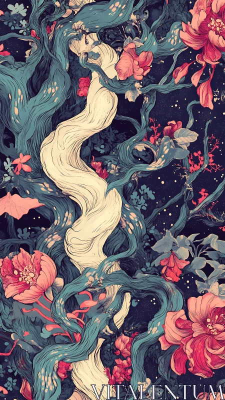 Twisting floral river winds through luminous midnight garden.