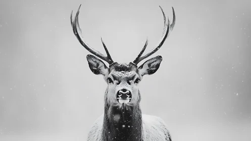 Front-facing stag in high-key snowfall with symmetric antler spread