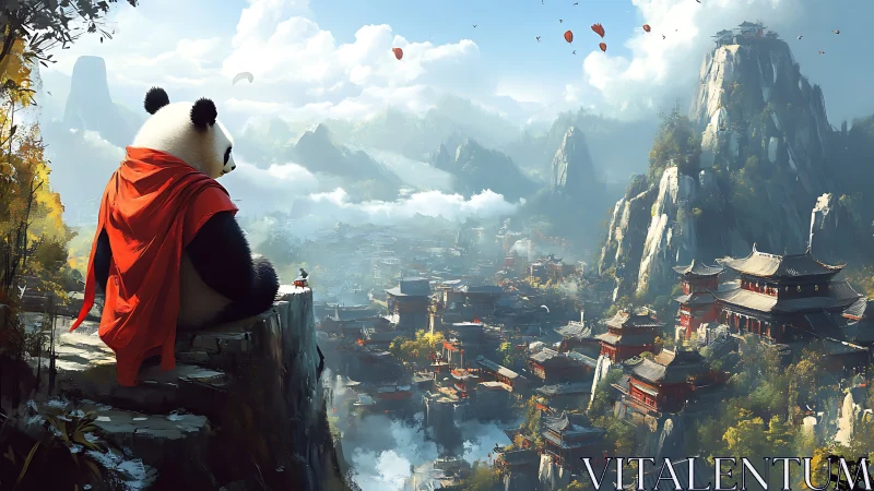 Cloaked panda overlooking expansive mountain cityscape.
