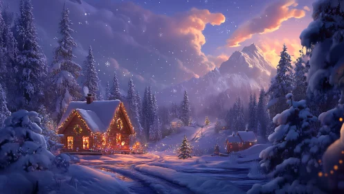 Snowy alpine cabin glows warmly under soft twilight sky