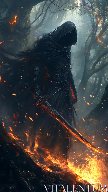 Shadowed warrior strides through firelit forest ruins