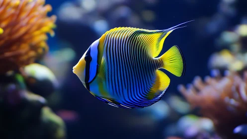 Striped reef fish profile with vivid neon blue and yellow fins