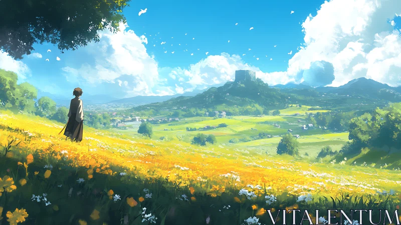 Solitary figure in sunlit flower meadow overlooking rural valley