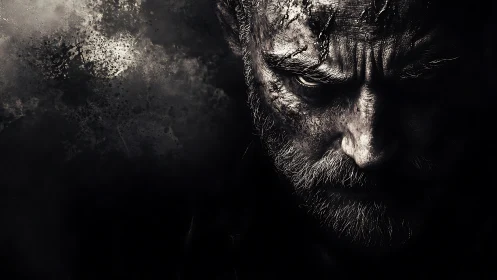 Scarred dusk warrior staring through the ashes of memory.