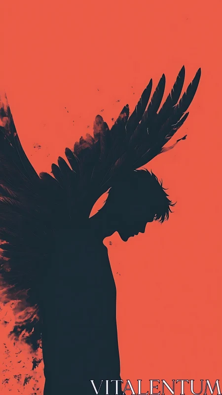 Silhouetted winged figure on flat red monochrome background.