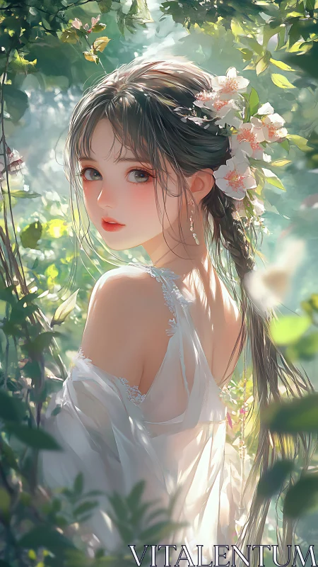 Female figure in floral hair ornament within green foliage.